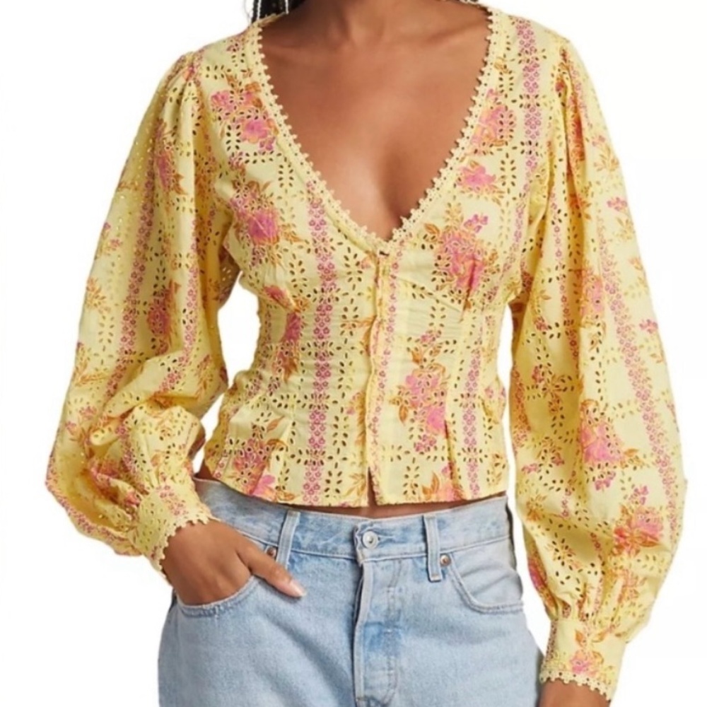 Free People Blossom Eyelet Top in Summer Lemonade Size S